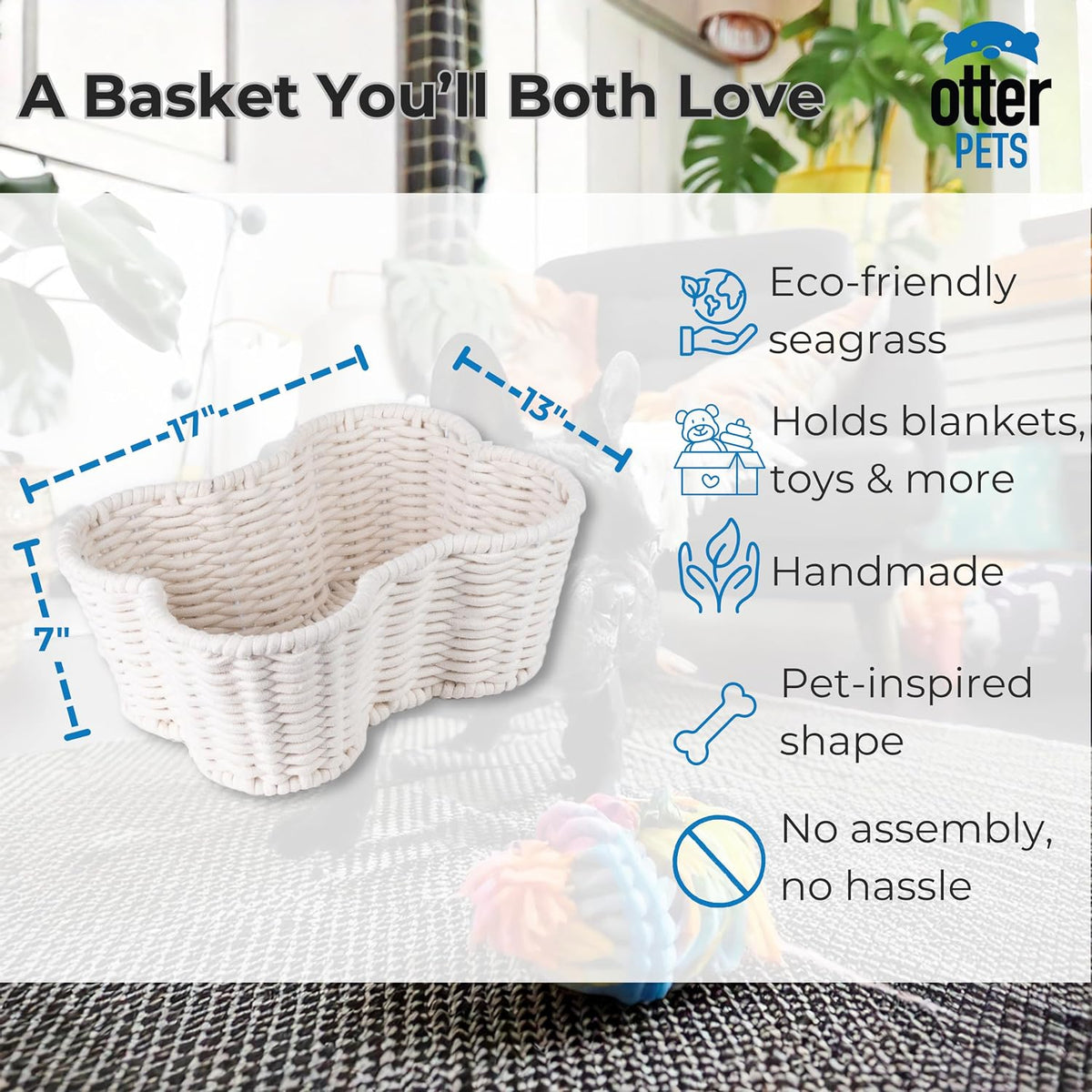 OtterPets Dog Toy Basket, Cotton Rope Bone Shaped Dog Toy Bin, 17x13”