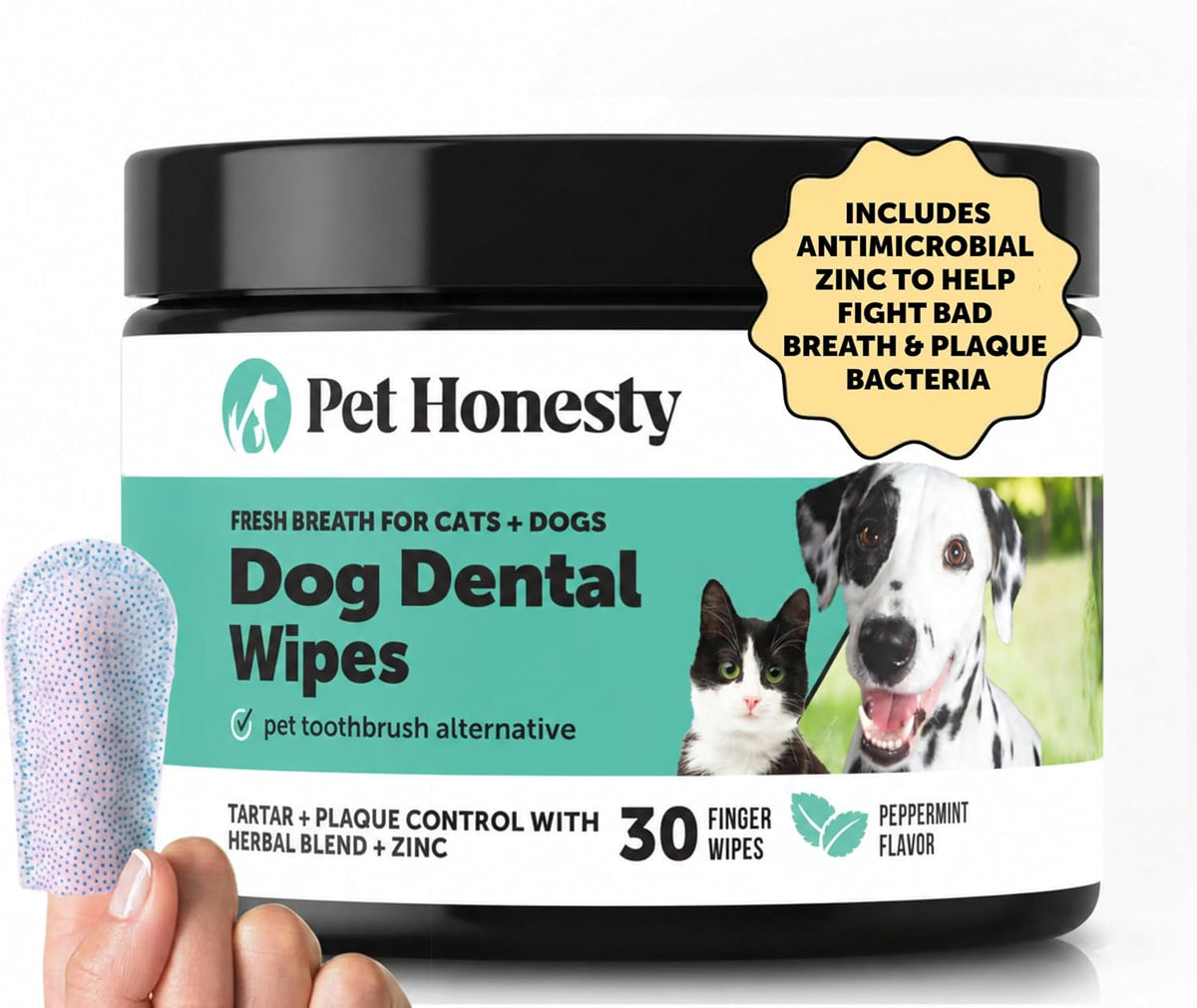 Pet Honesty Vet Recommended Cat & Dog Dental Wipes with Zinc, 30 ct