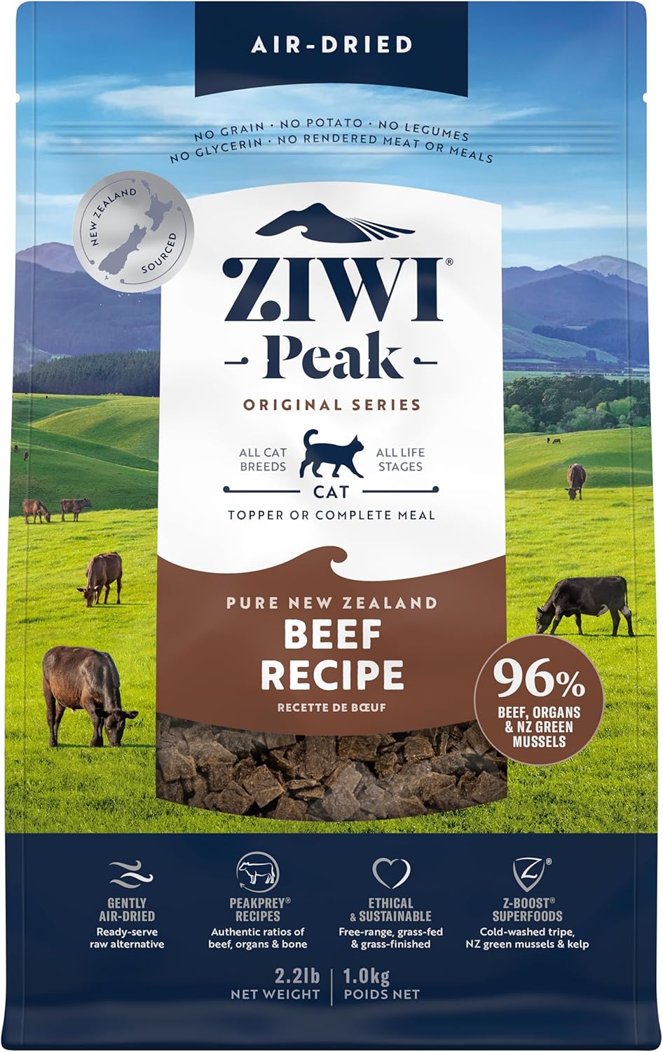 ZIWI Peak Air-Dried Cat Food, Beef, 96% Meat & Organs, Grain-Free, 2.2 lb