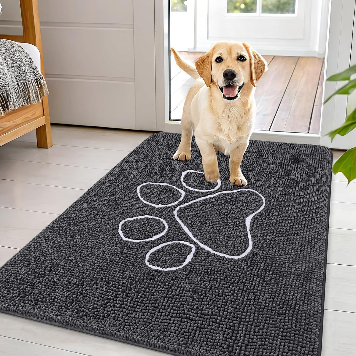 OLANLY Dog Door Mat for Muddy Paws 44x32, Paw Print Design Chenille Mud Mat