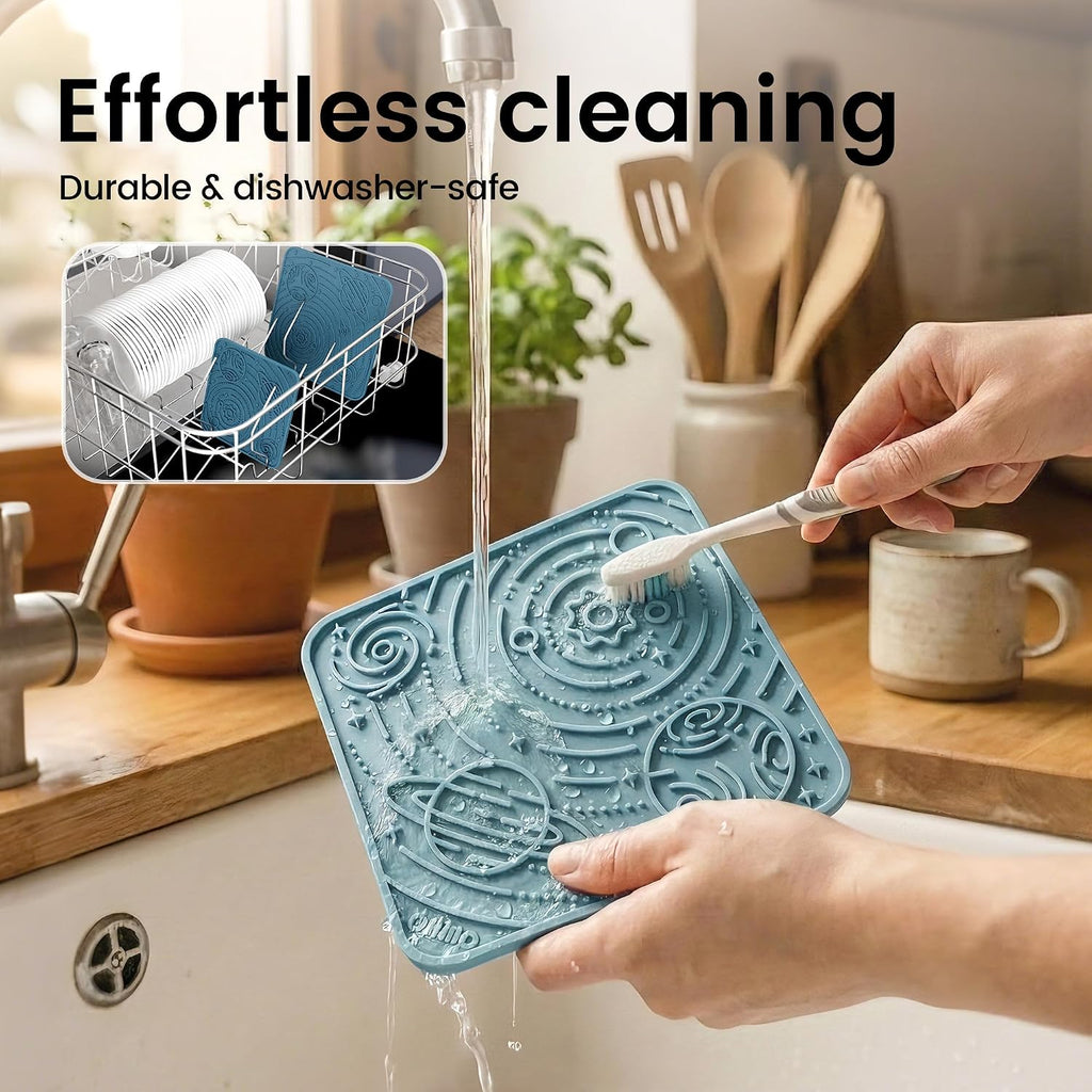 OHMO Lick Mat for Dogs&Cats, Space Pattern, Small, 2pcs, Dark&Light Blue | Pet Enrichment Toys, Slow Feeder, Textured Silicone Surface, Strong Suction Cups, Anxiety&Boredom Relief, Easy-Clean