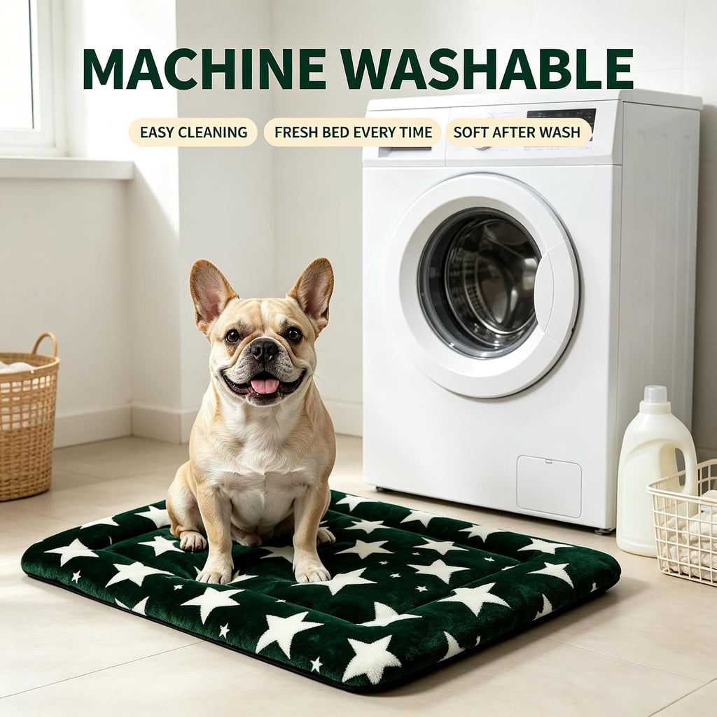 Dog Bed Mat – Soft & Comfortable Dog Kennel Pad for Crate – Durable Crate Bed & Mat for Dogs & Cats – Ideal for Crate, Kennel, and Home Use (Big&Little Stars Green, L(35"*23"*1.5"))