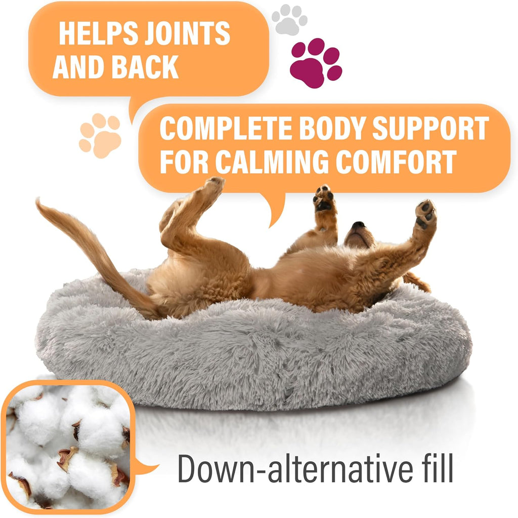 Active Pets Premium Large Donut Dog Bed, Fits Up to 100 lbs, Machine Washable Cushion, Plush Long Pile Faux Fur Fabric, Portable Light Gray Pet Bed Furniture for Puppies Adult Canines & Cats