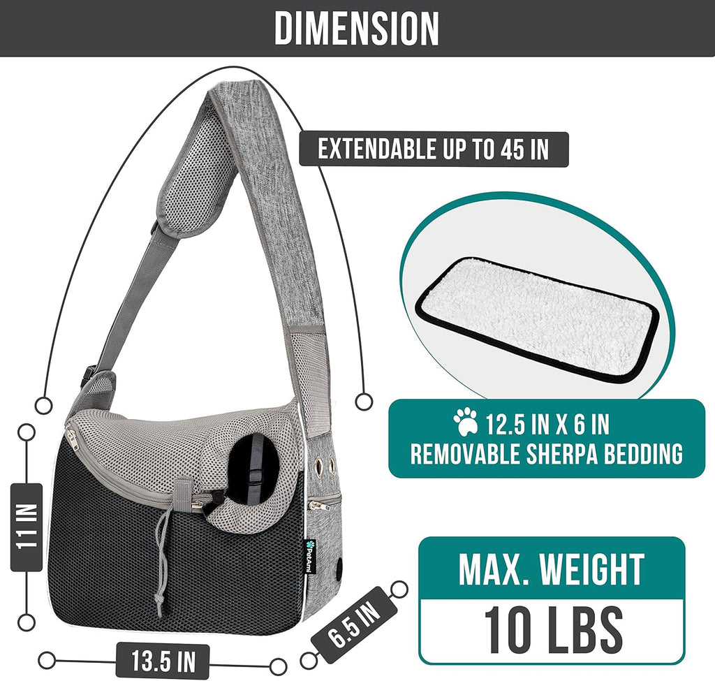 PetAmi Dog Sling Carrier for Small Dogs, Hands Free Crossbody Carrier, Gray