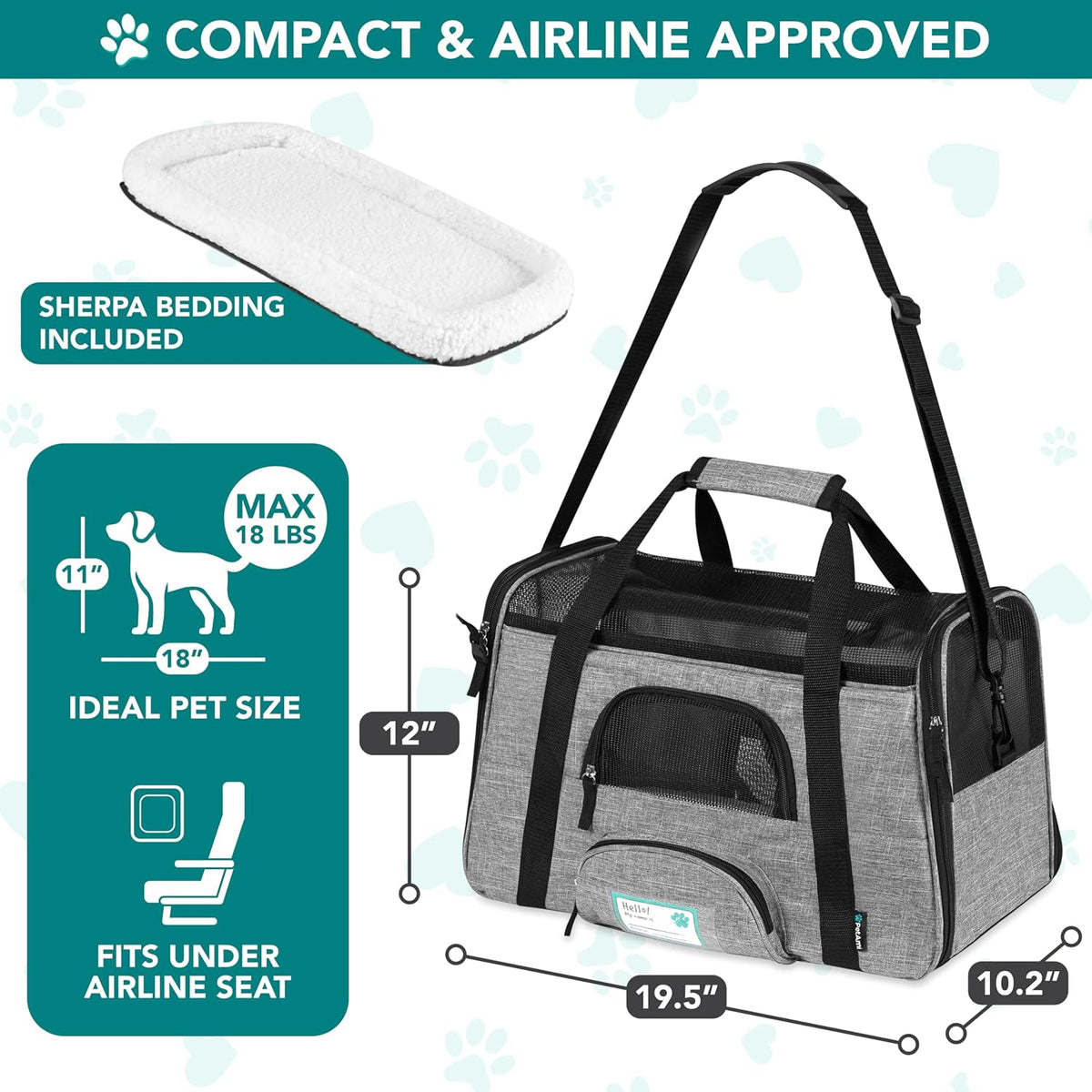 PetAmi Airline Approved Pet Carrier for Cats Small Dogs, Large Heather Gray