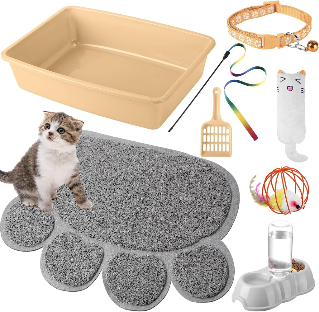 Tioncy 7 Pcs Kitten Litter Box Starter Kit with Mat, Simple, Khaki