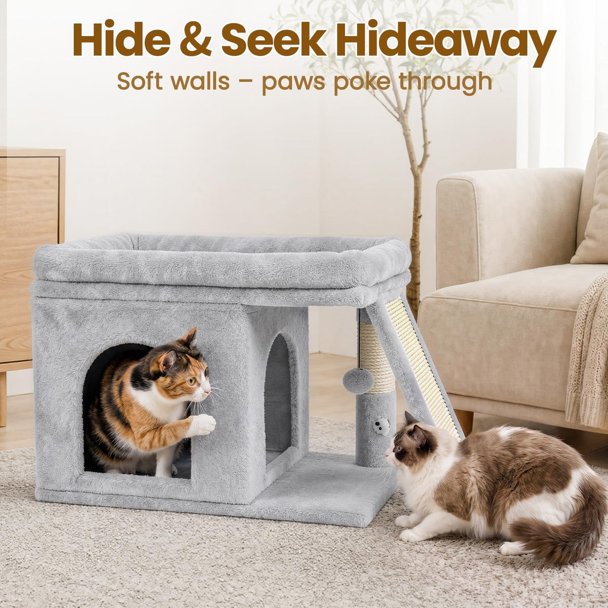 Cat Tree Tower with Scratching Post for Large Kitty, Light Grey