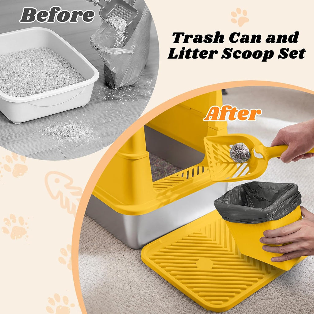 Stainless Steel Litter Box | Enclosed Cat Litter Box with Lid for Big Cats | High Sided Metal Litter Boxes | 100% Anti-Urine Leakage | Non-Stick with Litter Mat & Litter Scoop Set (Mustard Yellow)