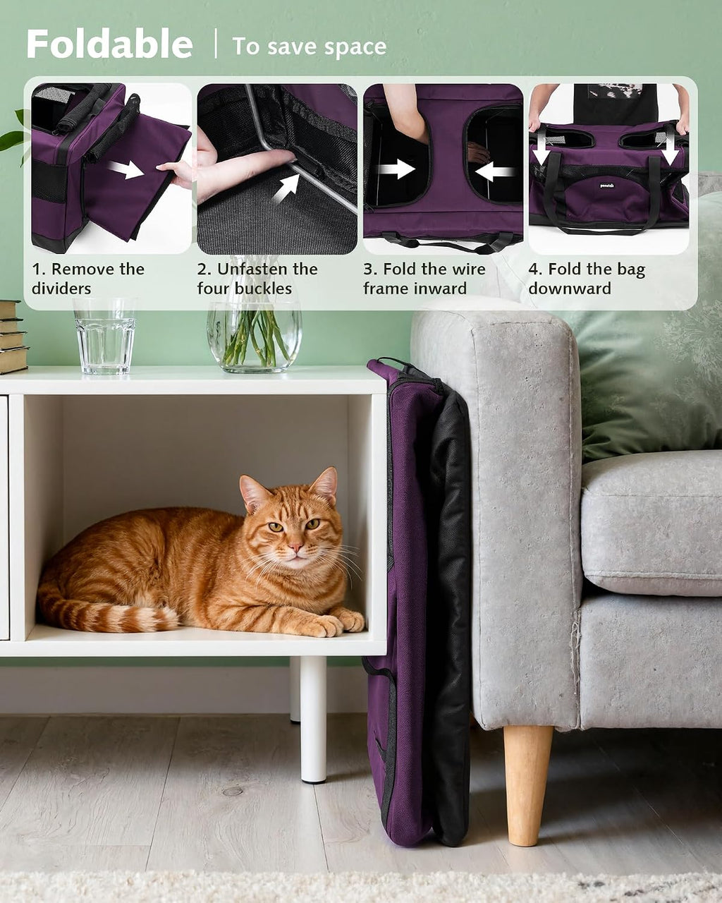 Pecute Cat Carrier, Soft Double Pet Crate for 2 Cats Travel, Purple