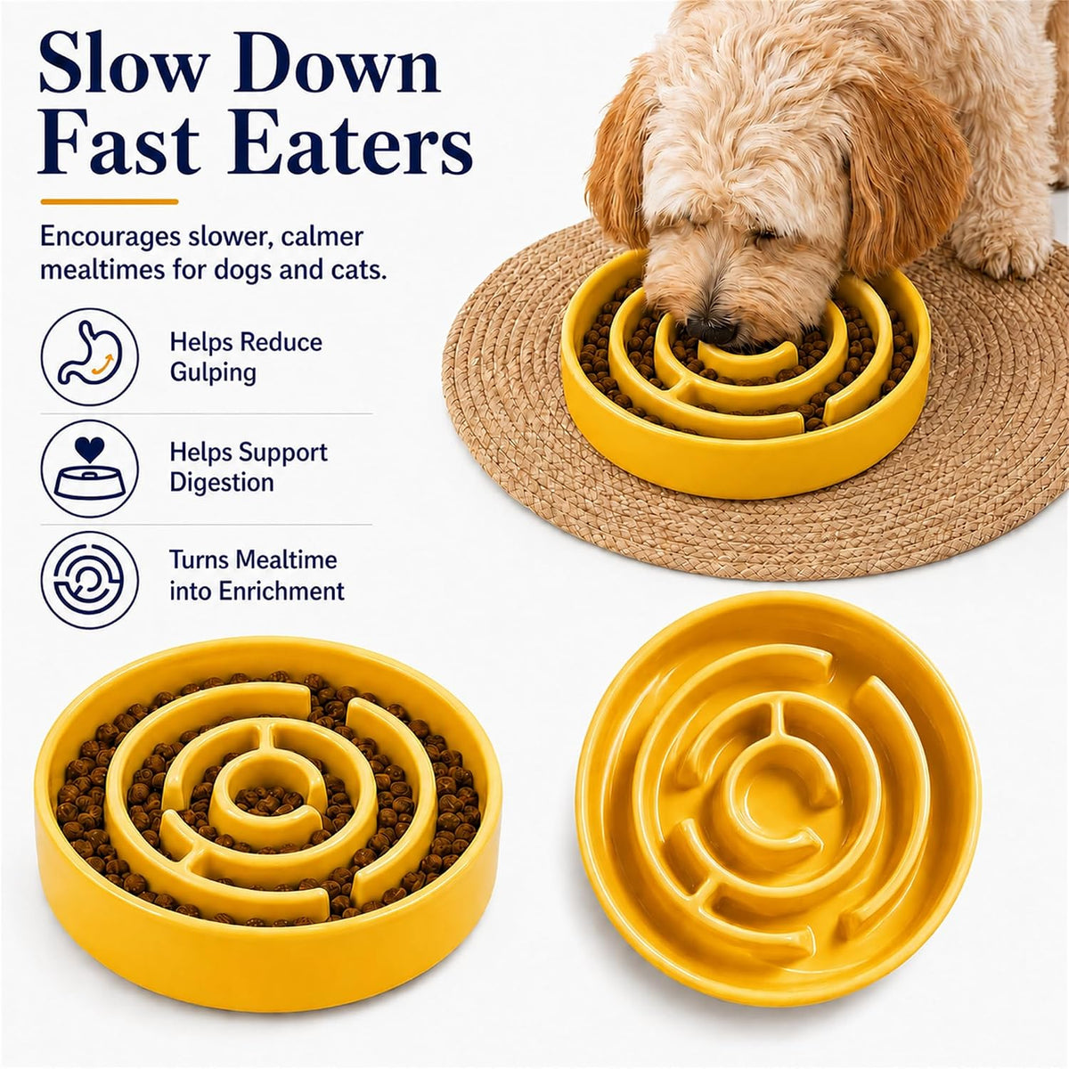 Ceramic Slow Feeder Dog Bowl, 1.5 Cup Puzzle Dish for Small Medium Dogs