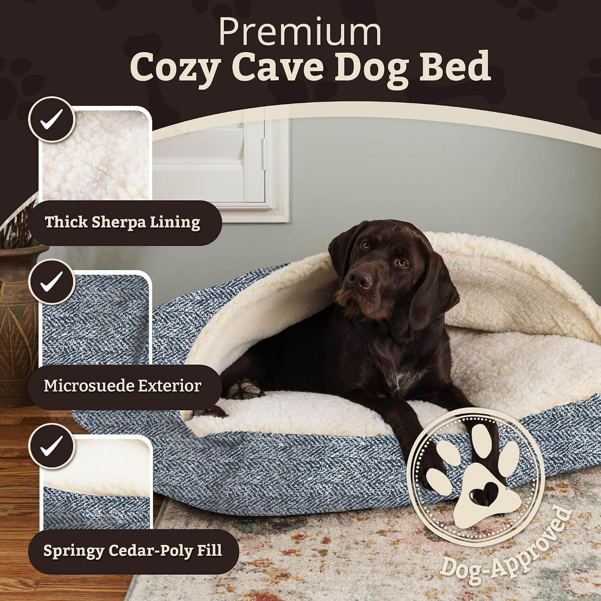 Snoozer Rectangle Cozy Cave Dog Bed, Hooded Dog Bed, Palmer Indigo (L)