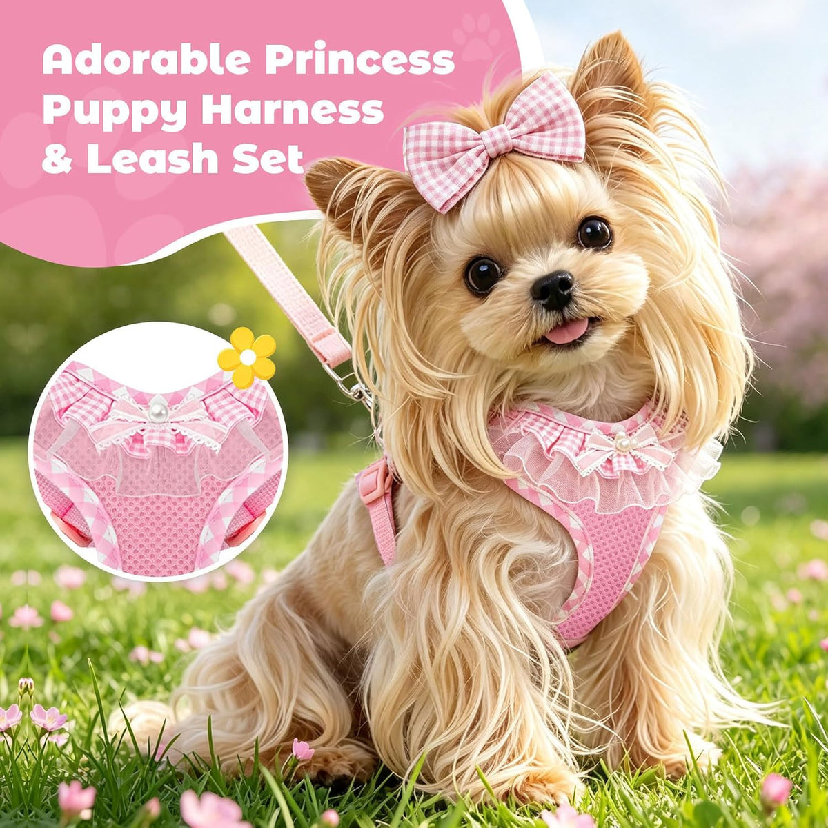 ABRRLO Cute Puppy Harness and Leash Set for Small Dogs Cats Girls,Pink,S