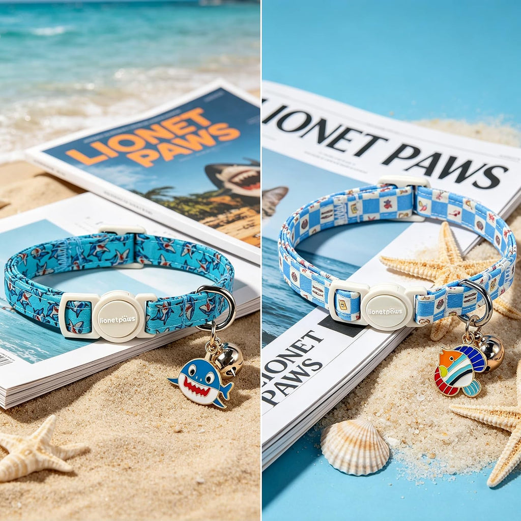 LIONET PAWS 2 Pack Breakaway Summer Cat Collars, Cute Soft Cotton Blue Shark Beach Themed Kitten Collars with Bell for Boy Girl Cats