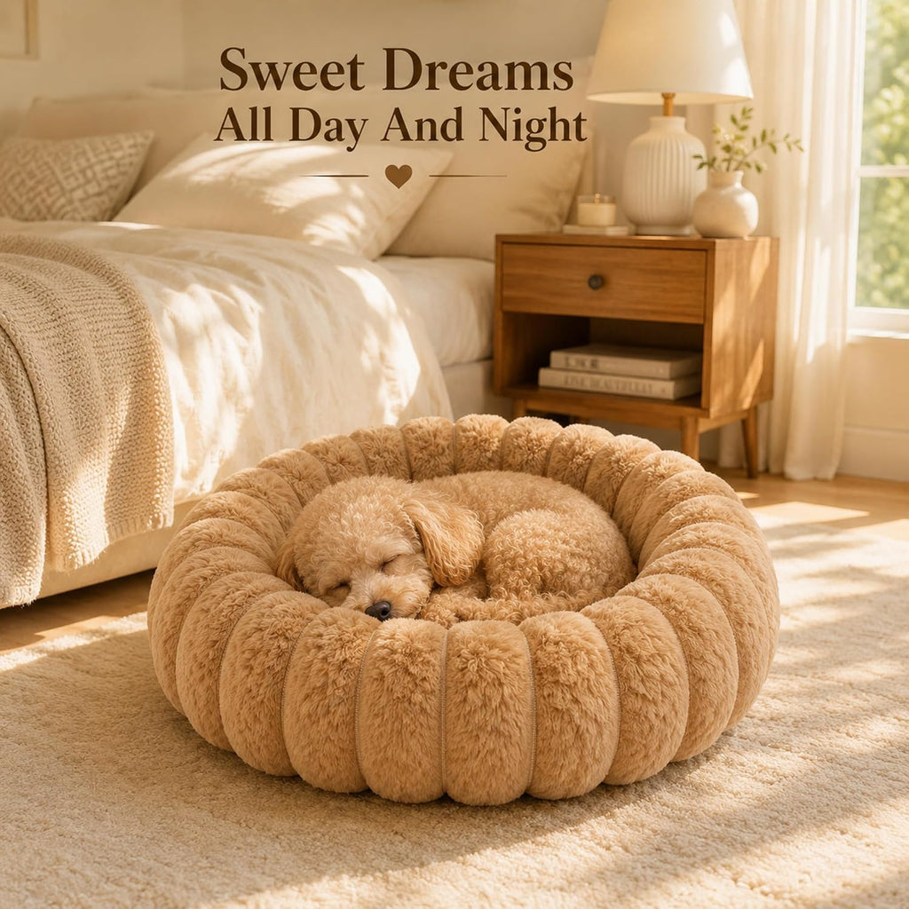 Calming Dog Bed Medium Size Dog Donut Washable Pet Bed, 31.5” Khaki