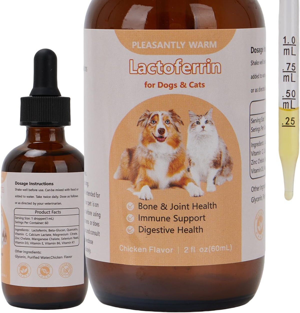Lactoferrin for Dogs & Cats, Supports Canine Bone, Joint, Immune & Digestive Health ，Chicken Flavor ，2 fl oz
