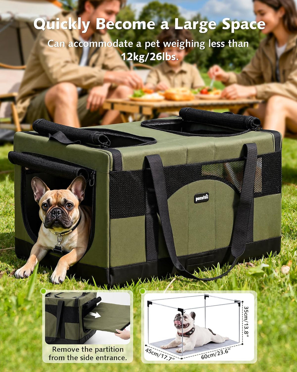 Pecute Large Cat Carrier, Soft Double Pet Crate for 2 Cats Travel, Green