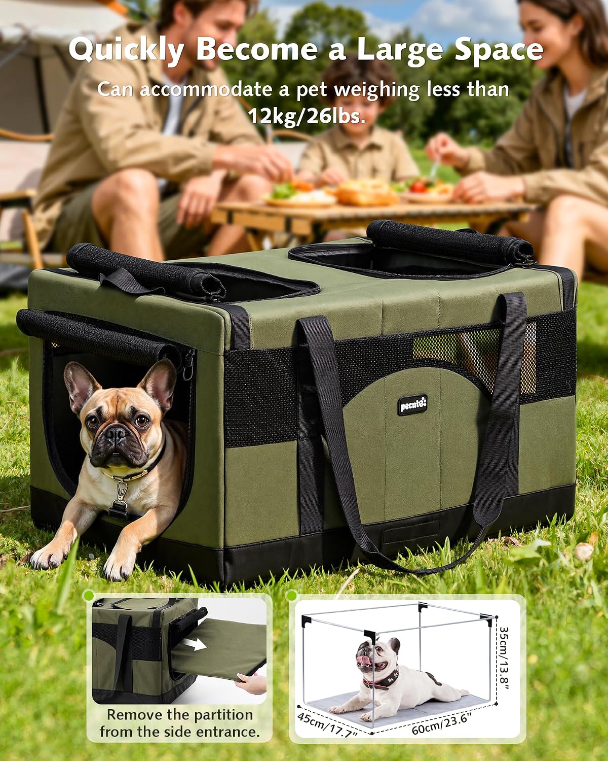 Pecute Large Cat Carrier, Soft Double Pet Crate for 2 Cats Travel, Green