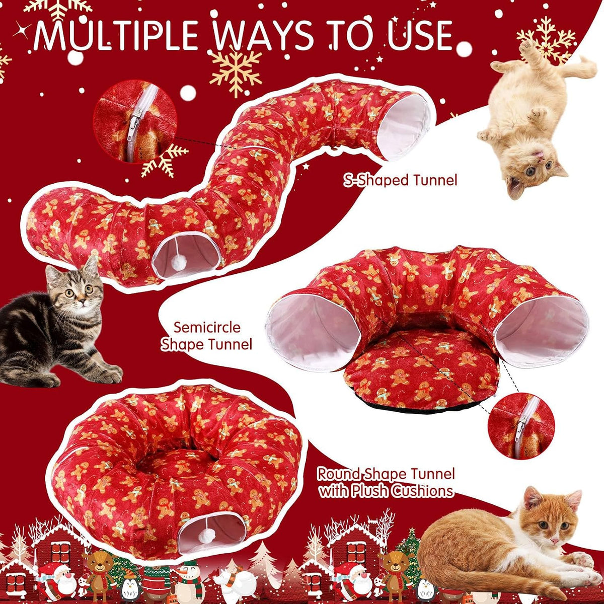 Cinnvoice Christmas Cat Tunnel Bed Fluffy Circular Dog Bed for Christmas Tree Warm Gingerbread Man Cat Cave with Hanging Ball Big Tube Playground Pet Toys for Indoor Kitten Puppy Rabbit Ferret