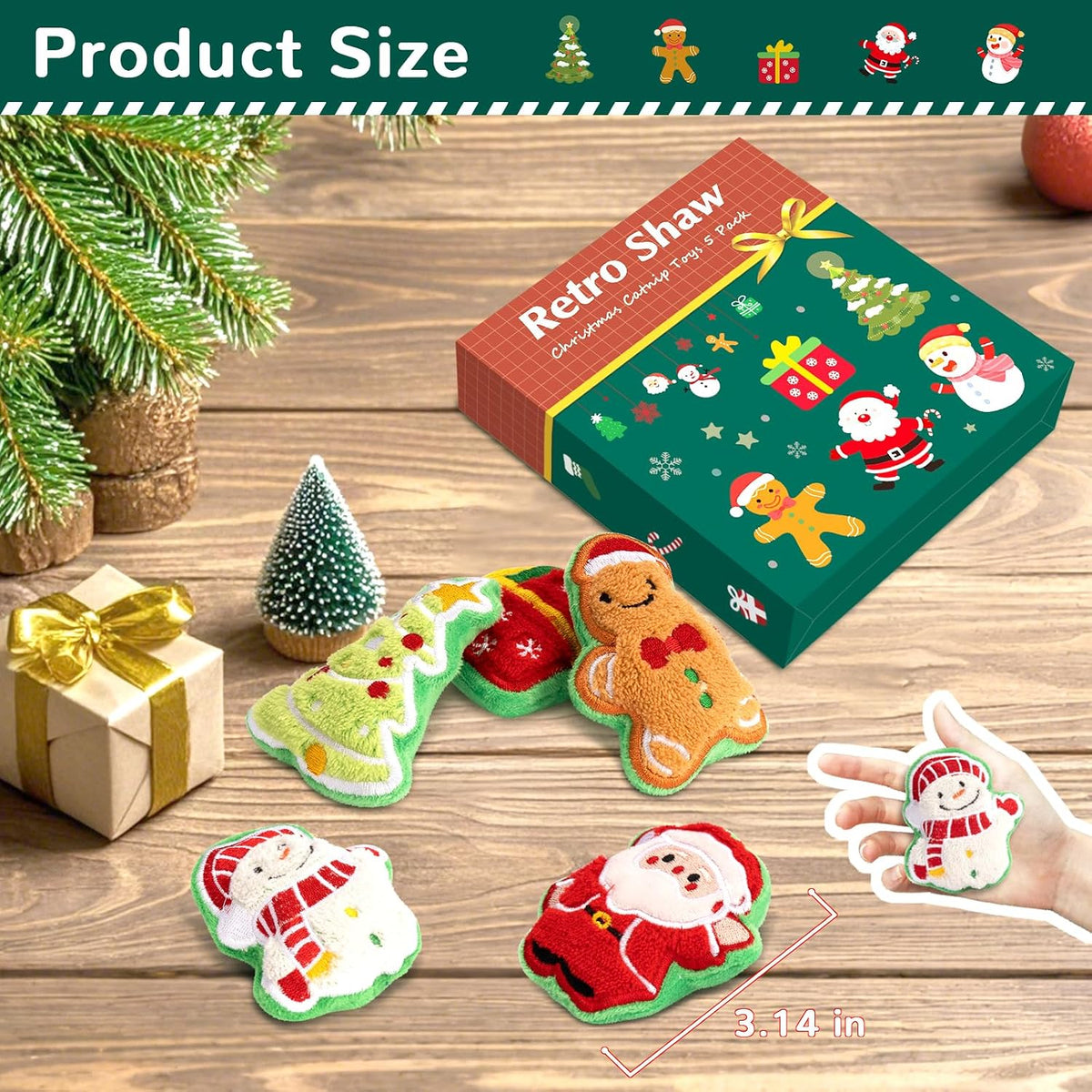Retro Shaw Catnip Cat Toys Christmas, Cute Santa Claus Xmas Trees Snowman