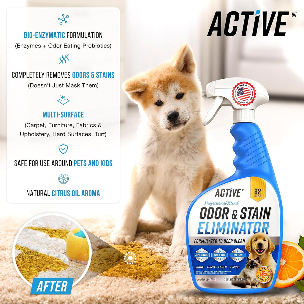 Pet Odor and Stain Eliminator - 32 oz ACTIVE Enzyme Cleaner for Dog & Cat Urine, Stain Remover Spray for Carpet, Upholstery, Hardwood, Spot Cleaning, Deodorizer for Dogs Cats Pets - Natural Citrus Oil