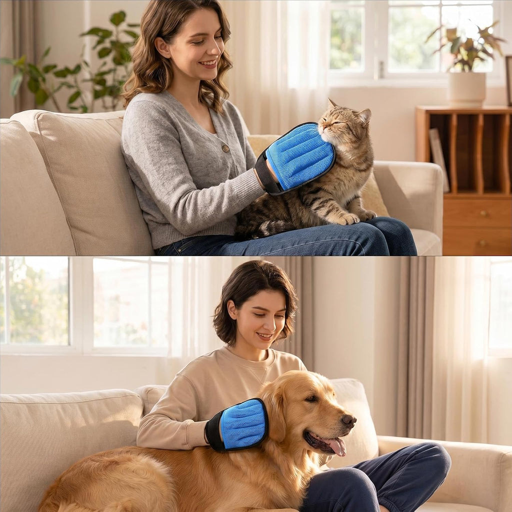 SUETT 2-Pack Pet Hair Removal Gloves, Reusable Five-Finger Grooming Gloves for Dogs and Cats, Removes Pet Hair from Clothes, Sofas, Carpets, and Car Seats, Blue