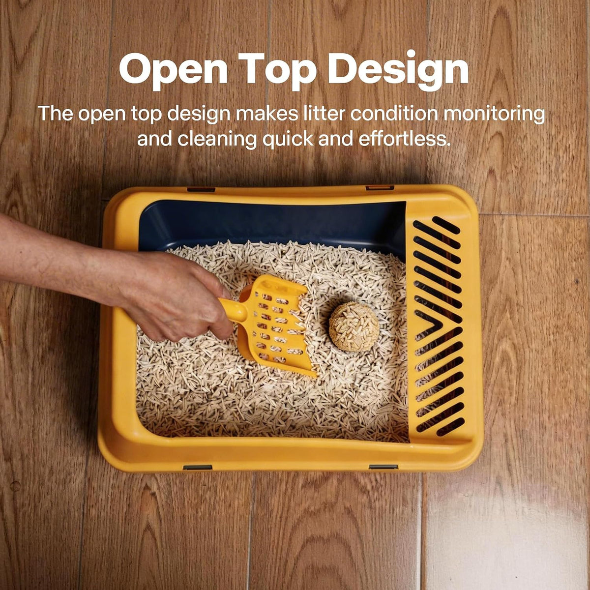 PAWISE Kitten Litter Box, 14.3"x10.8"x6.3" Small Cat Litter Pan,Open Top Travel Litter Box with Scoop, Low Entry and Play Mat, Anti-Splash Cover(Blue+Yellow)