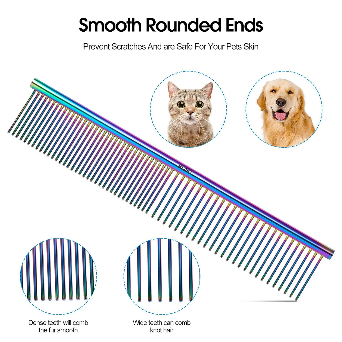 ROPO Dog Comb for Removing Matted Fur - Pet Dematting Comb with Rounded Teeth and Non-Slip Grip Handle - Prevents Knots and Mats for Long and Short Haired Pets (Round handle, Colour)