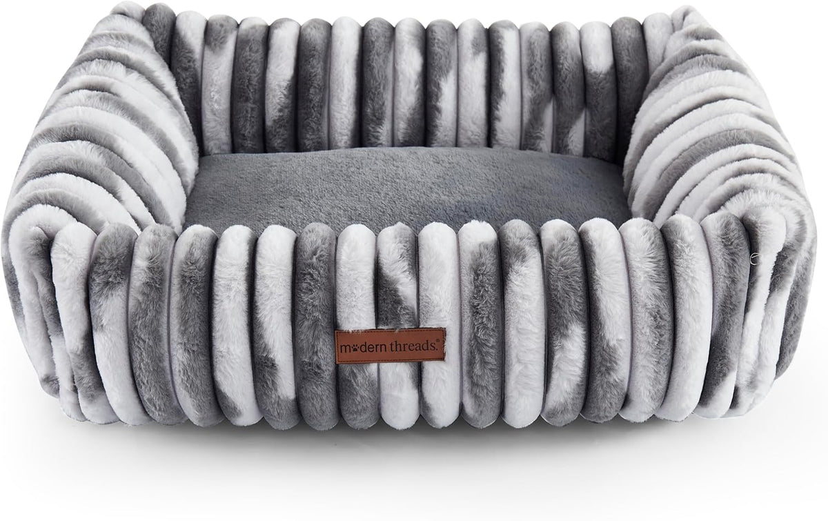 Modern Threads Ribbed Plush Two-Tone Cuddler Dog Bed, Ultra-Soft Faux Rabbit Fur, Supportive Bolstered Sides, Removable Washable Cover, Bed for Small to Medium Dogs, Silver, (24" L x 20" W x 8" Th)