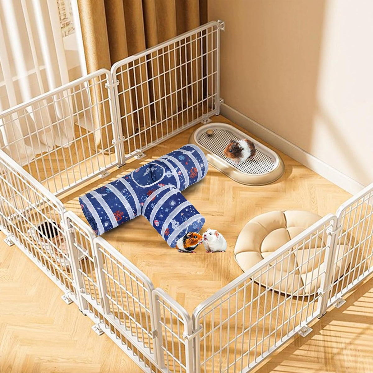 HERCOCCI Rabbit Toys, Collapsible Bunny Tunnels & Tubes 3 Way Rabbit Hideout Tunnel with Ball Toy for Bunny Guinea Pig Ferret Kitten