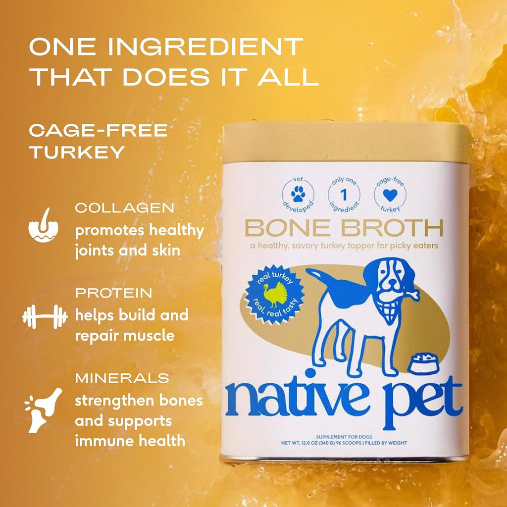 Native Pet Bone Broth for Dogs and Cats - Turkey Bone Broth Powder Dog Food Toppers for Picky Eaters - Provides Extra Nutrition for Joint Strength, Immune Support & Heart Health - 192 Scoops