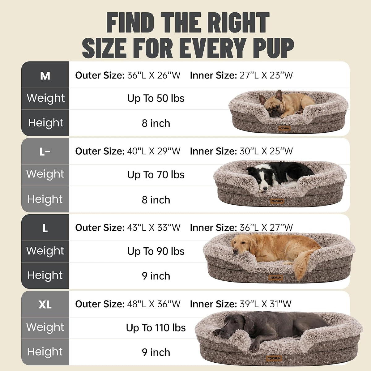 Miorun Fluffy Orthopedic Dog Beds Large Sized Dog, 43" Bolster Sofa Bed