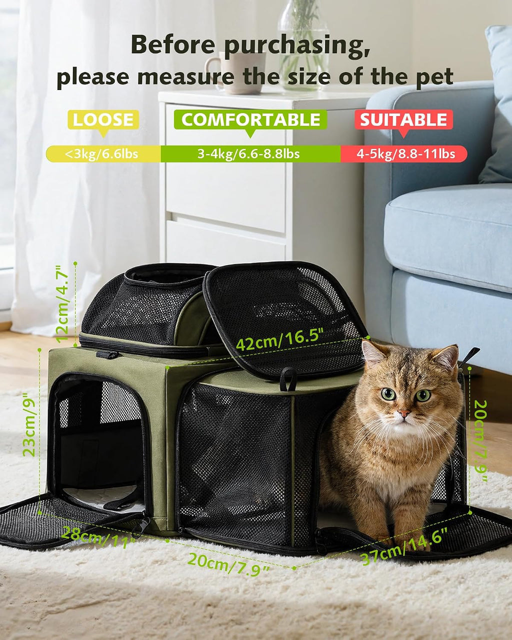 Pecute Top Expandable Airline Approved Pet Carrier for Cats, Olive Green