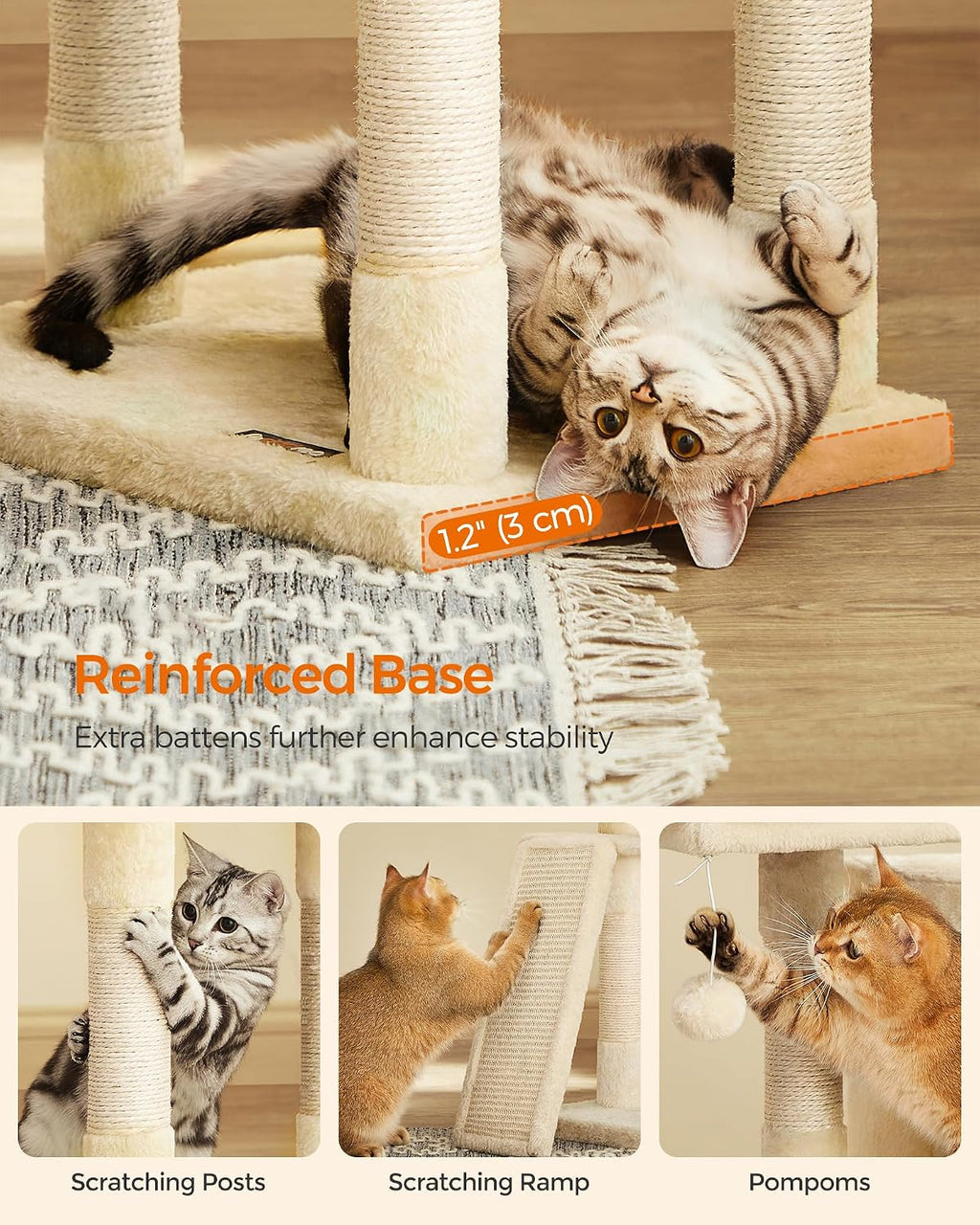 Feandrea Cat Tree, 45.3-Inch Cute Cat Tower, Plush Climbing Condo, Beige