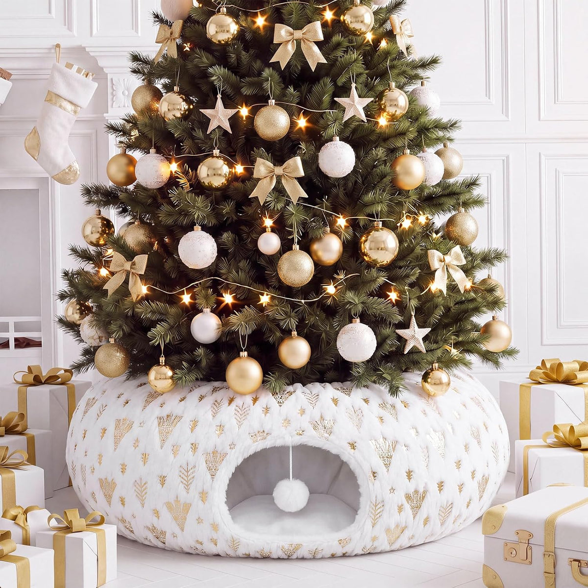 Christmas Tree Cat Tunnel 36 in Donut Bed, White, Polyester, Gold Foiling