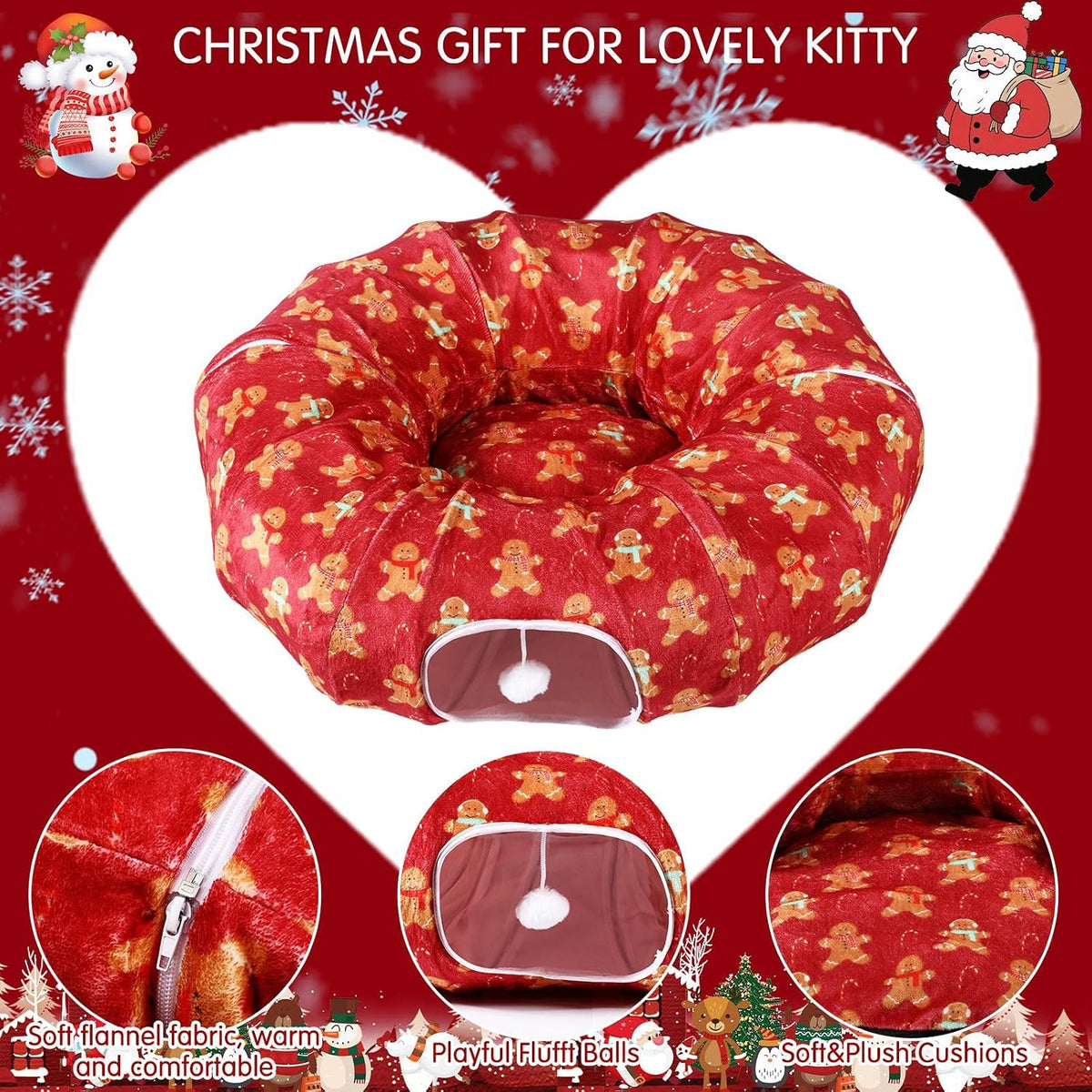 Cinnvoice Christmas Cat Tunnel Bed Fluffy Circular Dog Bed for Christmas Tree Warm Gingerbread Man Cat Cave with Hanging Ball Big Tube Playground Pet Toys for Indoor Kitten Puppy Rabbit Ferret