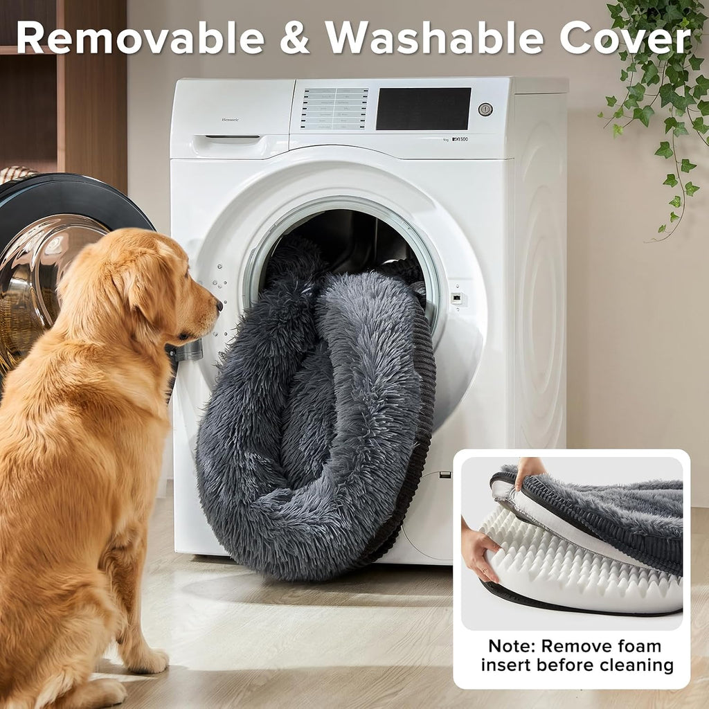 INVENHO Fluffy Orthopedic Dog Beds Large Sized Dog, XL Egg-Crate Foam Bolster Sofa Bed with Washable Removable Waterproof Cover, Fluffy Plush Faux Fur Dog Bed with Non-Skid Bottom