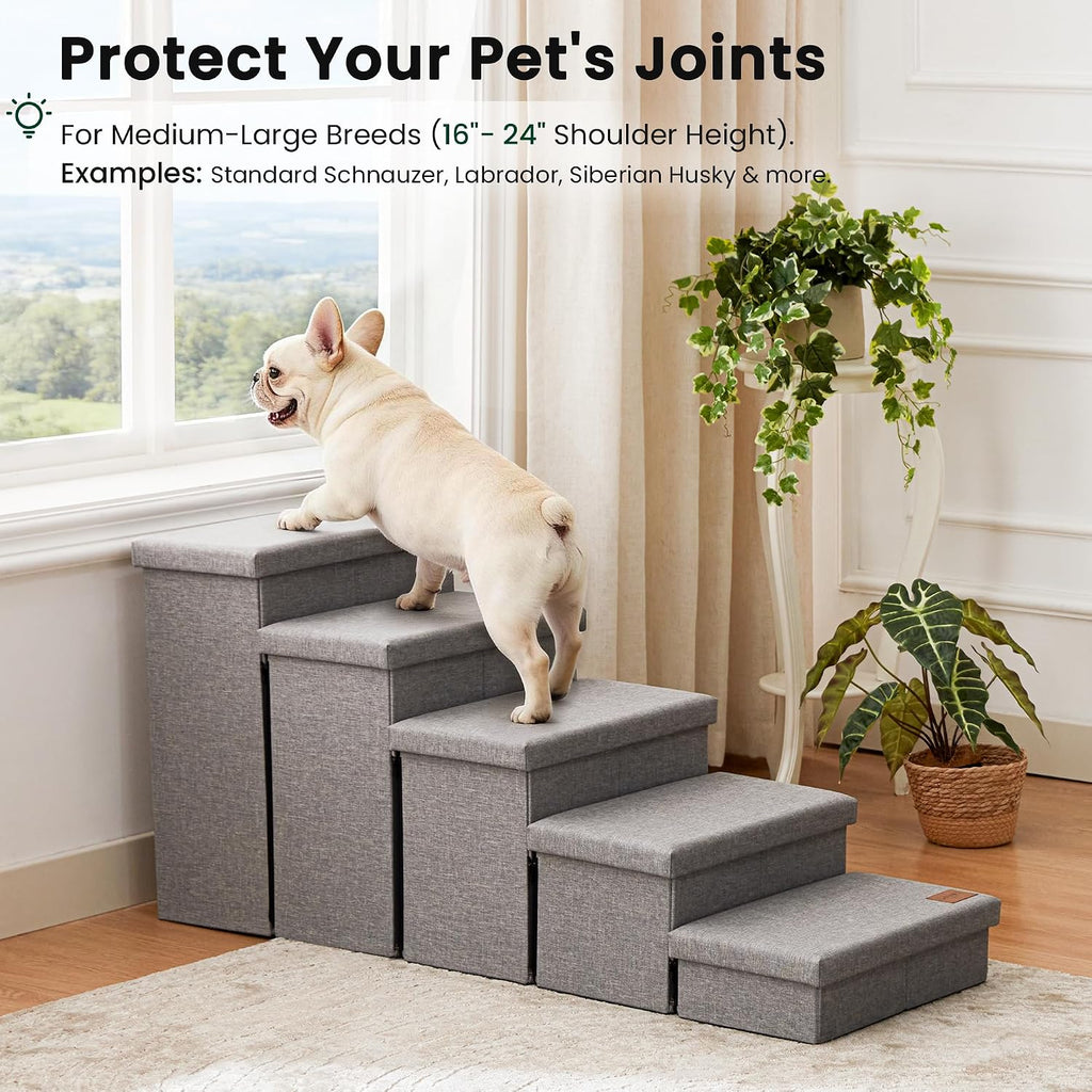 Love's cabin Dog Stairs for High Bed, Foldable Pet Stairs for Small Medium or Large Dogs Puppy with Storage for Bed or Couch, Cat Dog Steps Ramp with Zip up to 200 lbs, Solid Grey, 5 Steps
