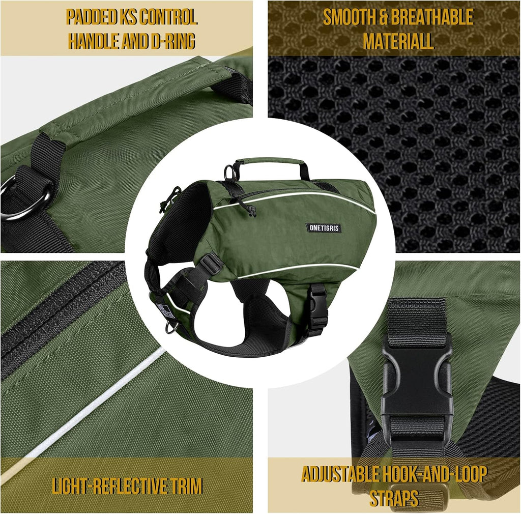 ONETIGRIS Y-Shaped Dog Backpack with Handle, Pockets & No Pull D-Rings, Lightweight Hiking Gear for Dogs Hunting Camping Travel (Large, Green)