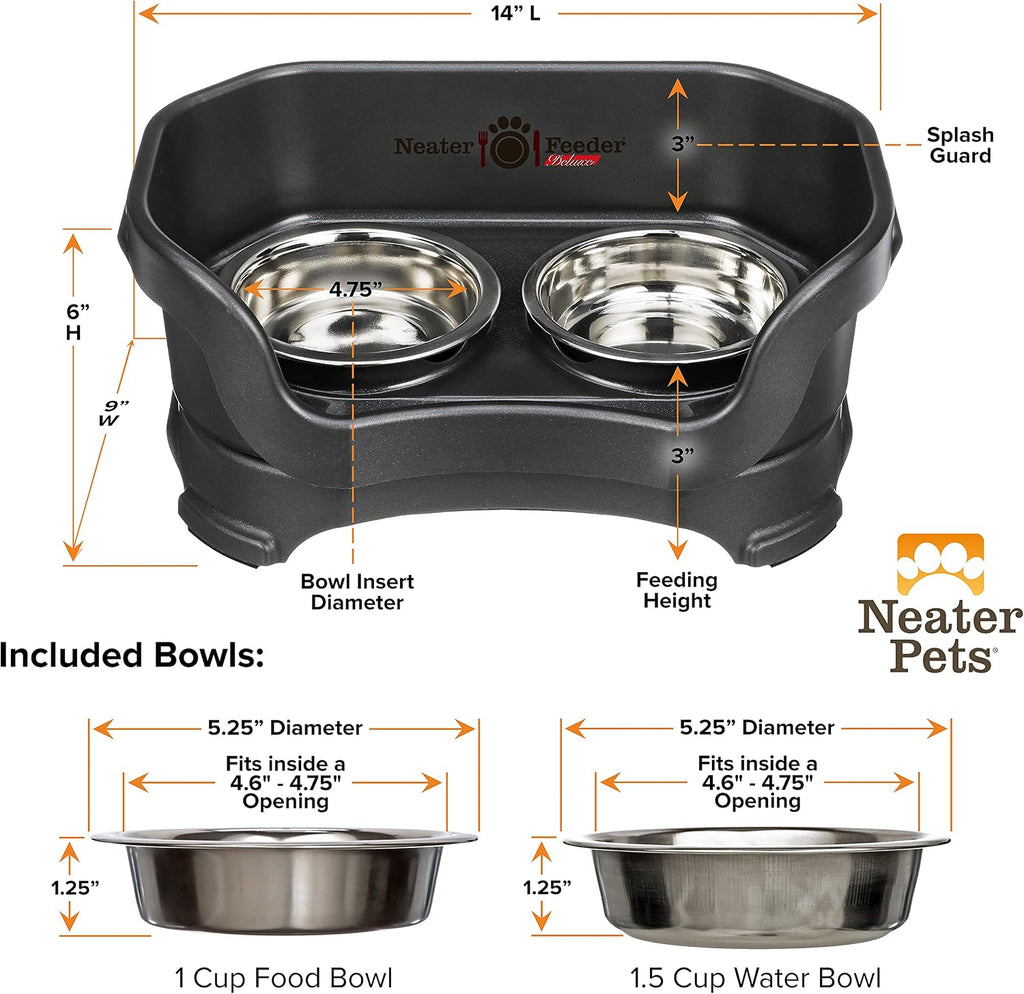 Neater Pet Brands Neater Feeder Deluxe Mess Proof Cat Bowls Elevated, Made in USA, No Spill Raised Bowls for Indoor Cats, Stainless Steel Food and Water Bowl Set, Pet Dish Feeding Station, Black 
