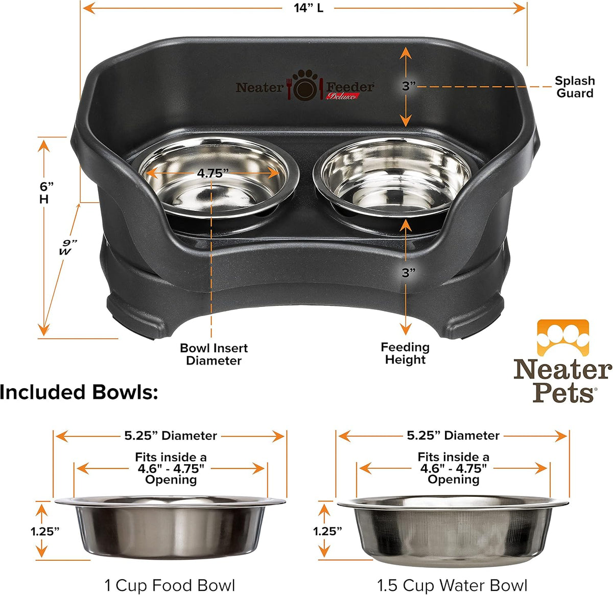Neater Pet Brands Neater Feeder Deluxe Mess Proof Cat Bowls Elevated, Made in USA, No Spill Raised Bowls for Indoor Cats, Stainless Steel Food and Water Bowl Set, Pet Dish Feeding Station, Black 