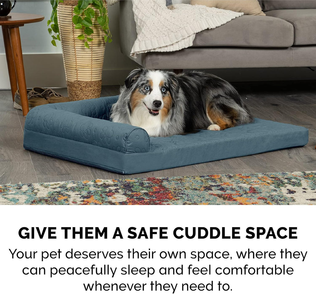 Furhaven Orthopedic Dog Bed for Large Dogs w/ Removable Bolsters & Washable Cover, For Dogs Up to 95 lbs - Pinsonic Quilted Paw L Shaped Chaise - Bluestone, Jumbo/XL