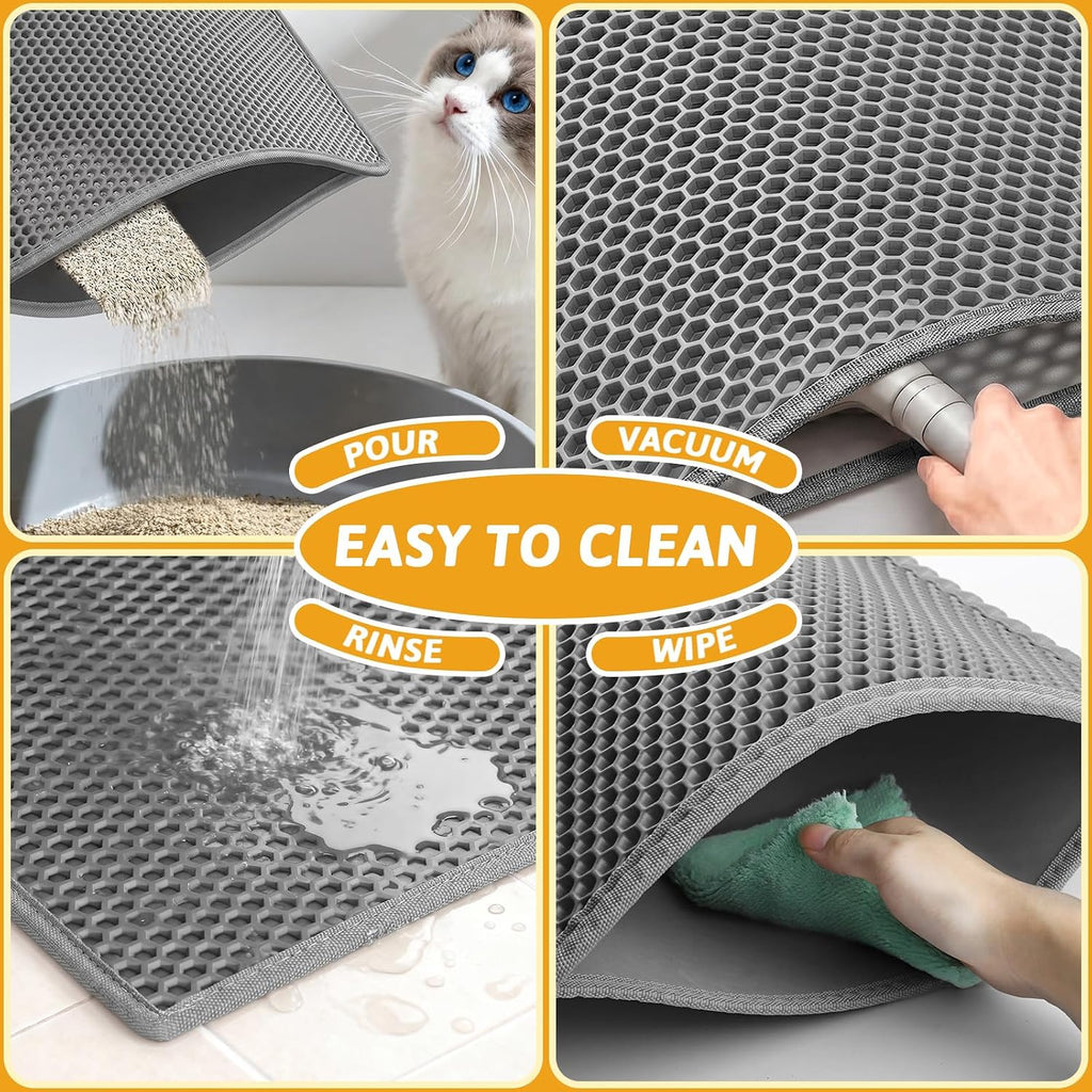 Pieviev Cat Litter Mat, Double-Layer Waterproof Litter Trap, 36" x 30" Gray | Honeycomb Design Catches Scattered Particles to Stop Tracking, Urineproof Base Protects Floors, Easy to Clean