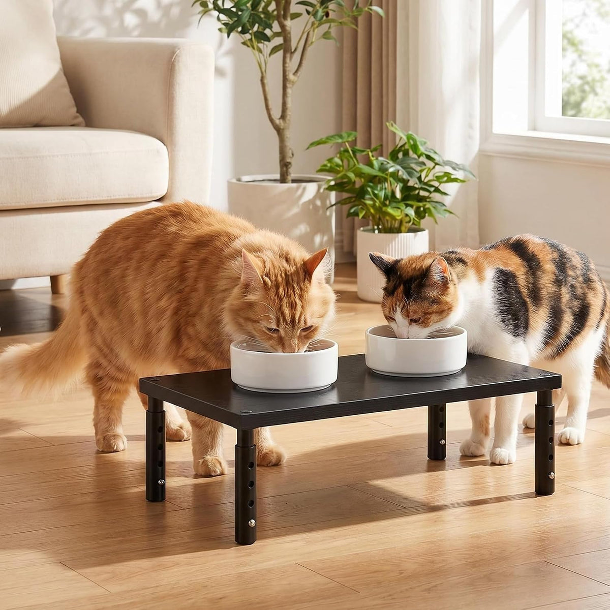 OPNICE Adjustable Cat Food Stand, Elevated Cat Feeder Stand with 4 Height Settings, Automatic Cat Feeder & Tradition Bowls, Raised Pet Feeding Table Station for Cats & Small Dogs, Black 2-Pack