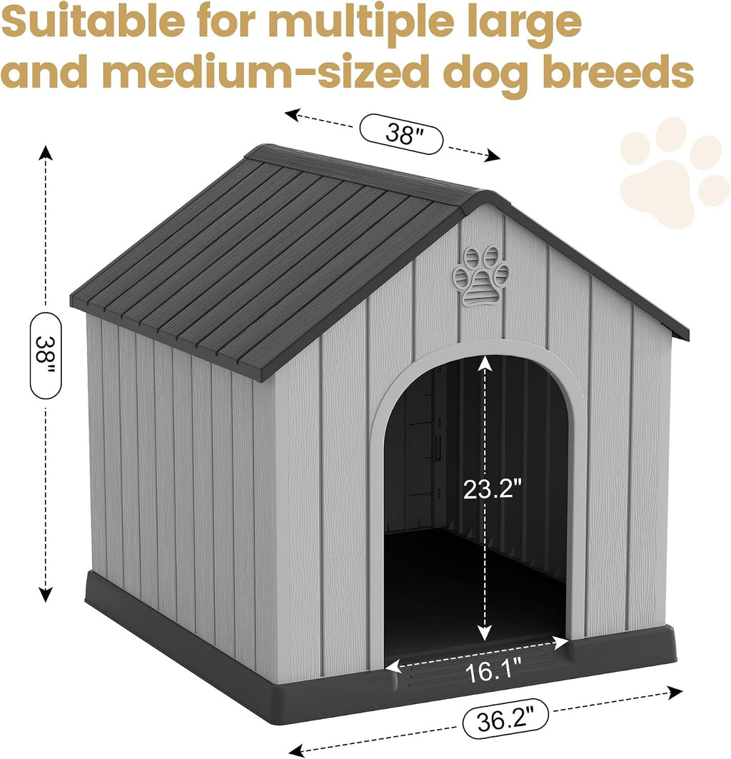 Fancyango Large Dog House Outdoor Indoor for Medium Large Dogs, Durable Plastic Waterproof Doghouse with Air Vents and Elevated Floor, Easy Clean and Assemble (Black, 36.2''L×38''W×38''H)