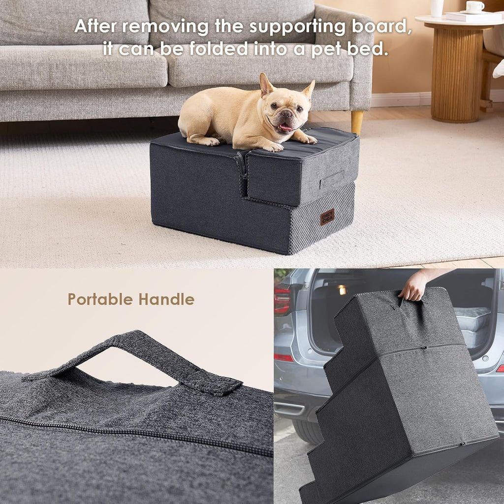 EHEYCIGA Dog Stairs for Small Dogs 16.5" H, 3-Step Extra Wide Ramp, Grey