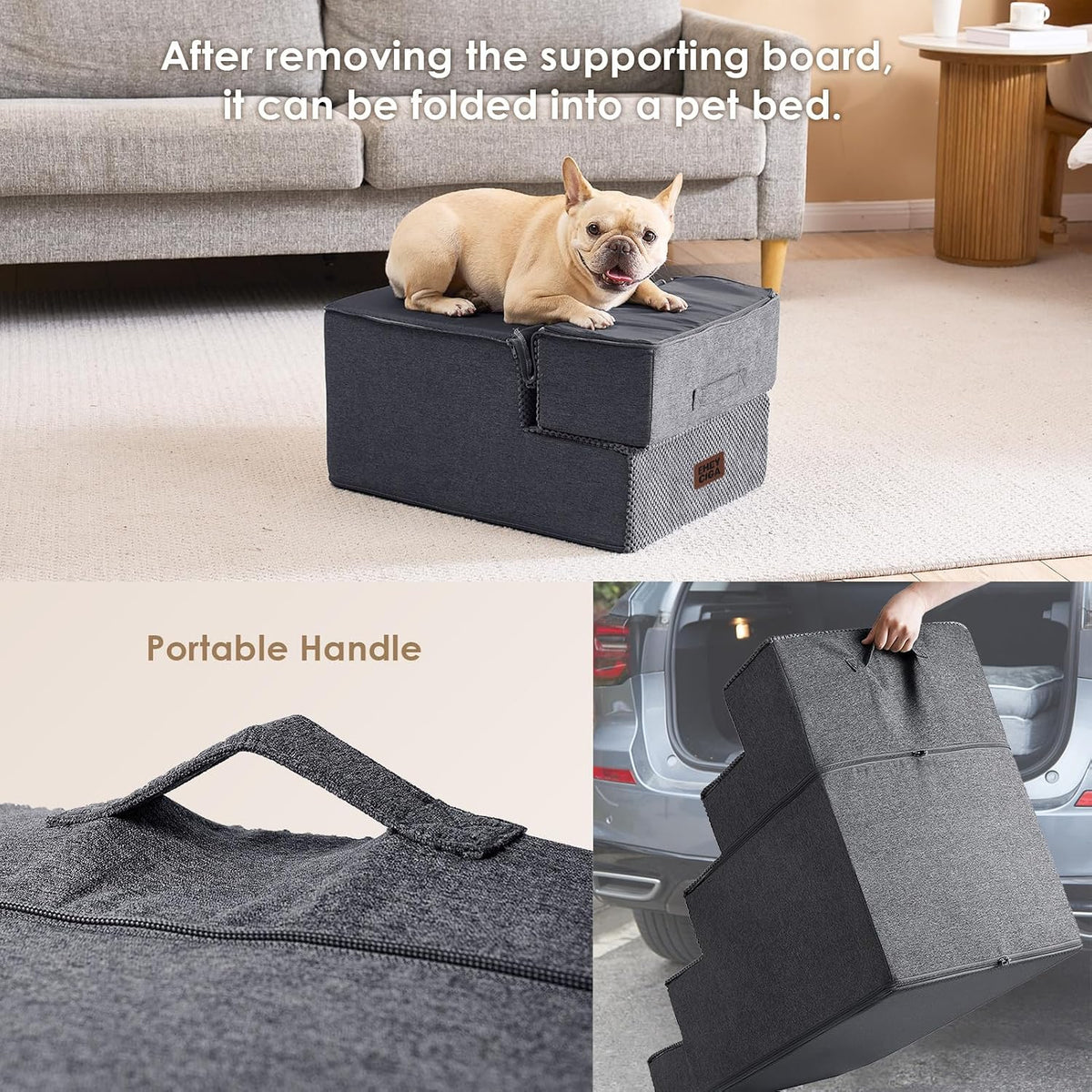 EHEYCIGA Dog Stairs for Small Dogs 16.5" H, 3-Step Extra Wide Ramp, Grey