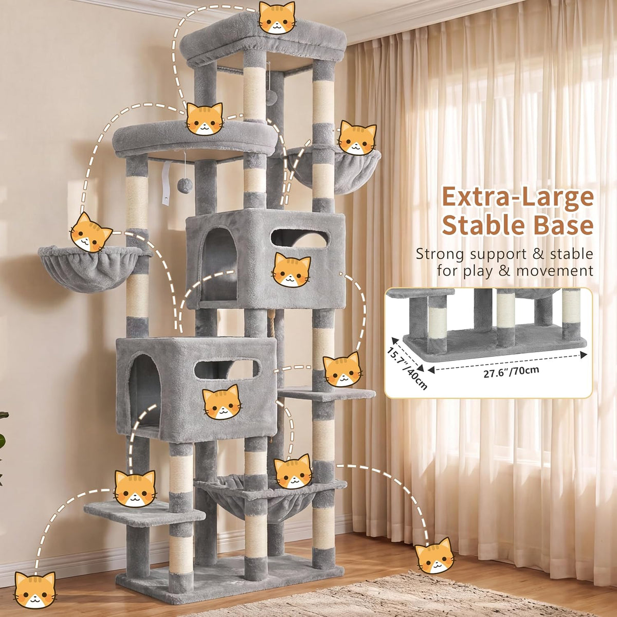 Heybly Cat Tree, 74.8-Inch Spacious & Tall Cat Tower for Large Cats HCT062W