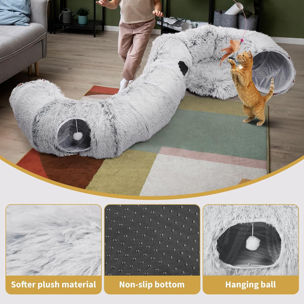Cat Tunnels Bed with 1 Straight Tunnel and 20 Pet Toys - 5 Shapes DIY Indoor Cats Cave - Detachable Soft Cat Donut for Kitten Puppy Rabbit Ferret
