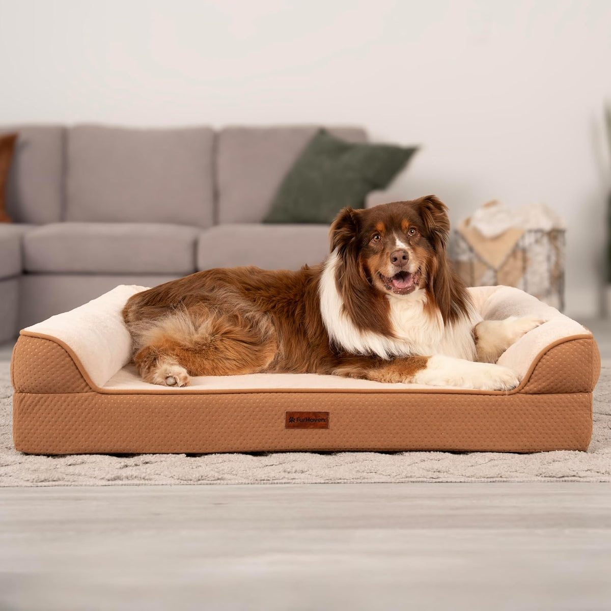 Furhaven Plush & Embossed Velvet Cooling Gel-Top Dreamer Sofa Pet Bed, Cognac, Jumbo