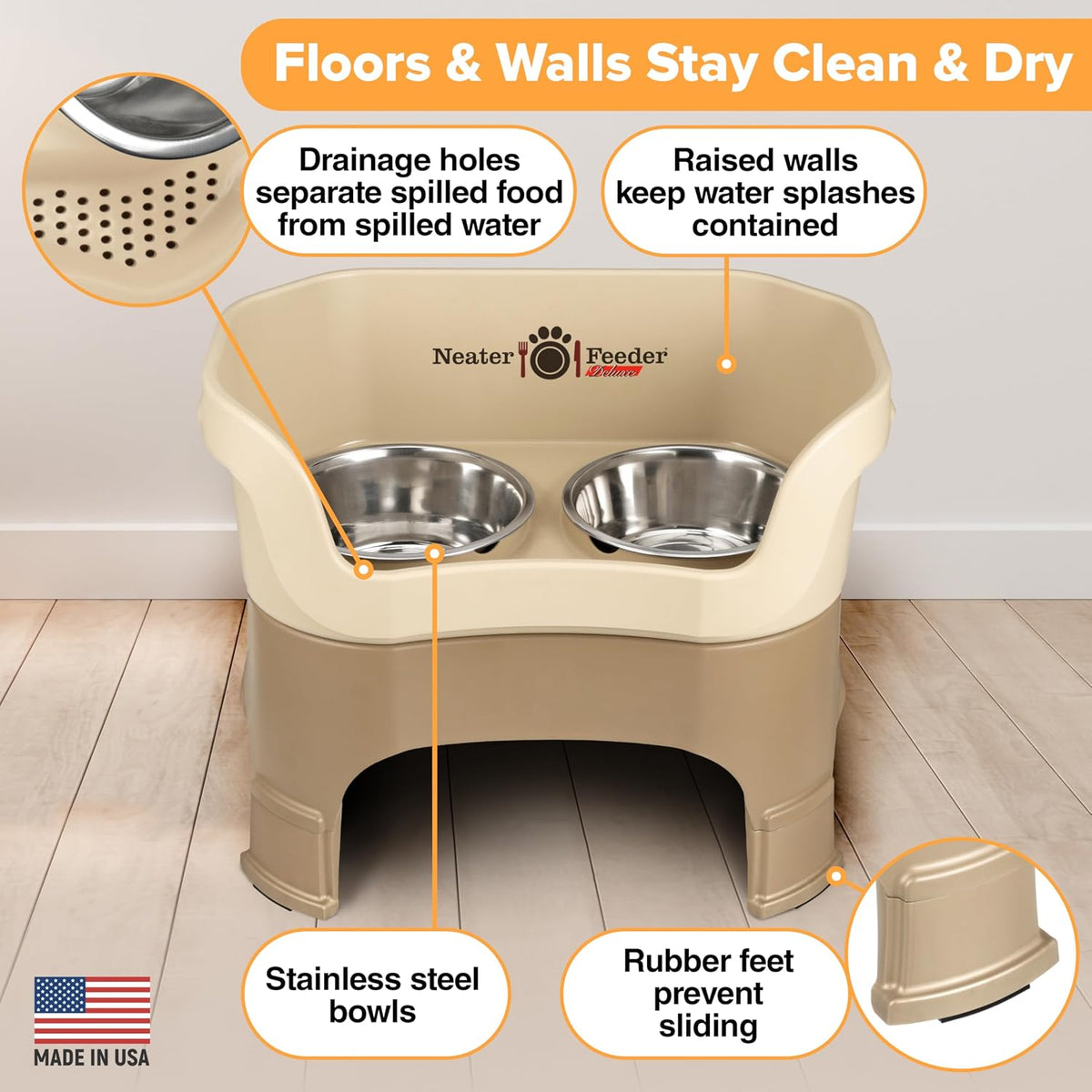 Neater Feeder Deluxe Mess Proof Dog Bowls Elevated for Large Breeds – Made in USA – No Spill Raised Slow Feeder Elevated Dog Bowl Stand, Stainless Steel Food and Water Bowl Set, Cappuccino 